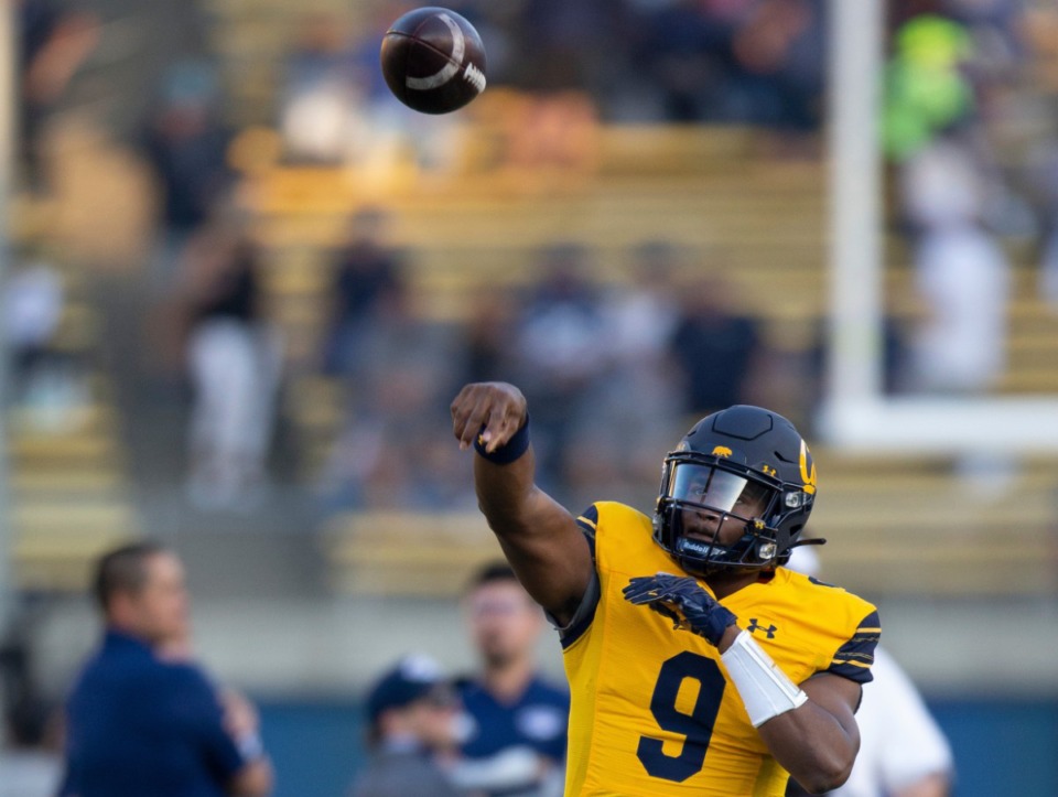 <strong>California quarterback Ryan Glover (9) warms up before an NCAA college football game against Nevada, Saturday, Sept. 4, 2021, in Berkeley, California.</strong> (AP Photo/D. Ross Cameron)