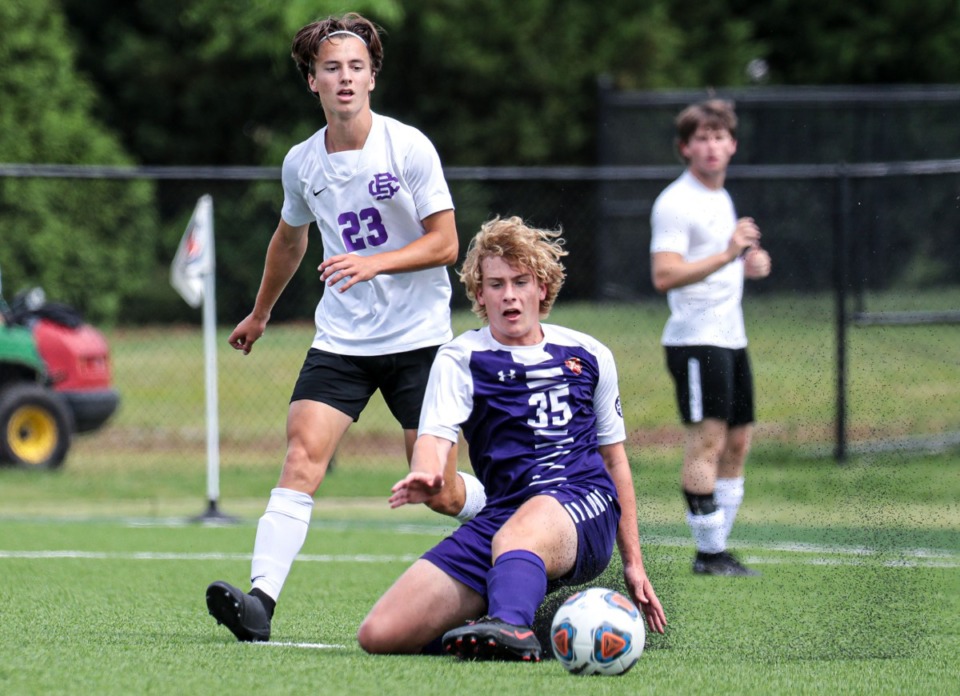 <strong>CBHS senior Hudson Carr (23) goes for the ball during a state championship semifinal match against Father Ryan May 25, 2022.</strong> (Patrick Lantrip/Daily Memphian)