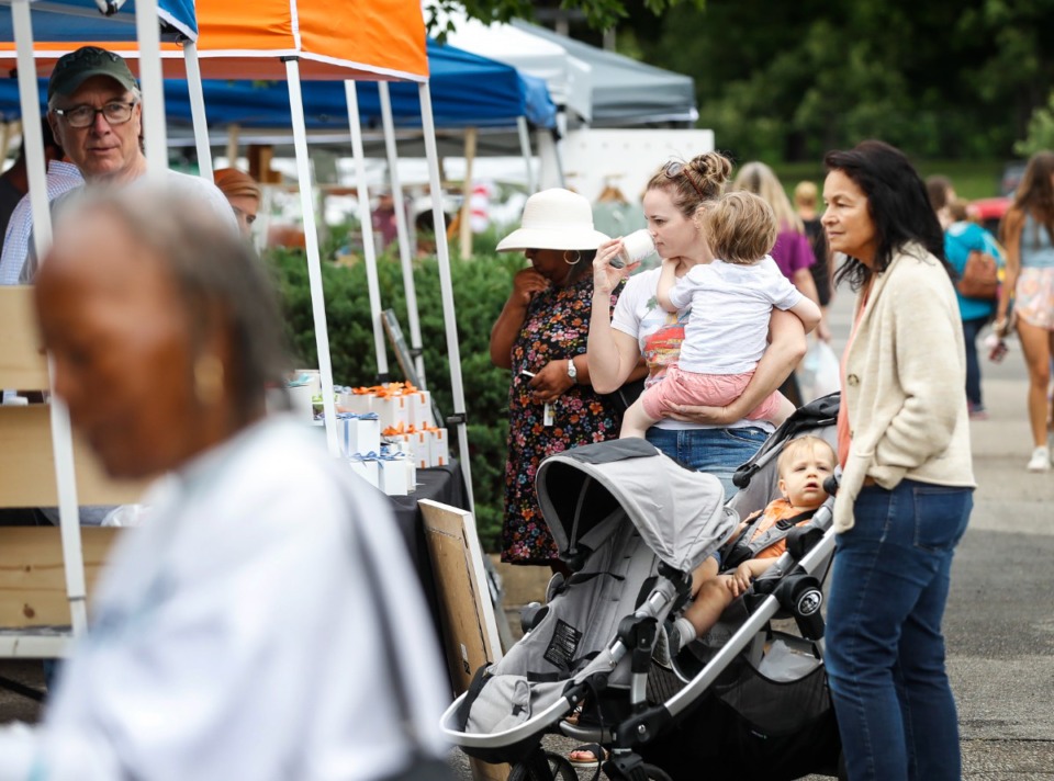 <strong>Vendors and customers at the Collierville's Farmers Market on its first day of the season Thursday, May 26, 2022.</strong> (Mark Weber/The Daily Memphian)