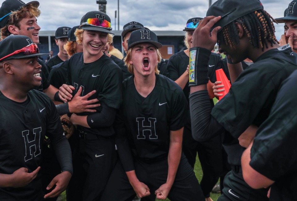 <strong>The Houston High School baseball team celebrates a win over Powell High School to advance to the championship game of Class 4A caseball in Murfreesboro, Tennessee, on May 27, 2022.</strong> (Patrick Lantrip/Daily Memphian)