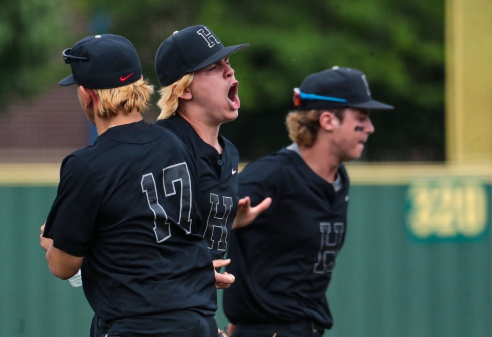 <strong>Houston pitcher James Klug (13) celebrates after picking off a Powell runner to end the inning in the Class 4A baseball tournament in Murfreesboro, Tennessee, on May 27, 2022.</strong> (Patrick Lantrip/Daily Memphian)