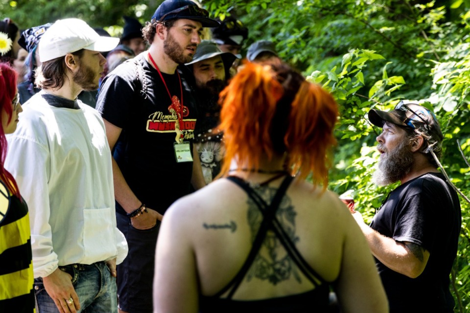 <strong>Kevin Lewis, right, founder of Memphis Mushroom Foragers, speaks while leading a guided foray through the forest in Meeman-Shelby Forest State Park during the Memphis Mushroom Festival.</strong> (Brad Vest/Special to Daily Memphian)