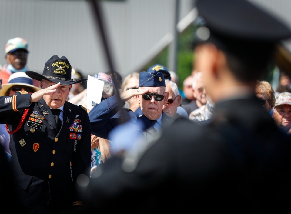 <strong>Veterans salute the flag during Bartlett&rsquo;s annual Memorial Day celebration on Monday, May 30, 2022.</strong> (Mark Weber/The Daily Memphian)
