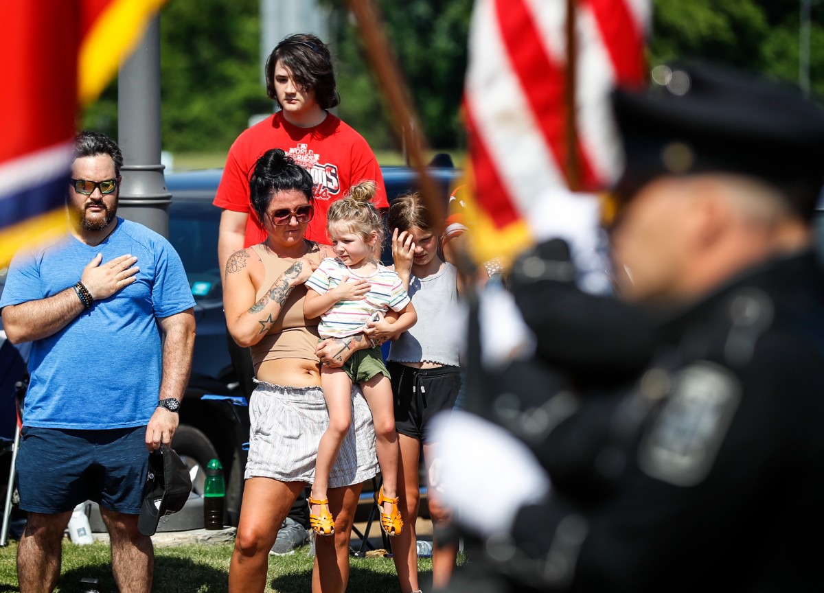 <strong>Veterans and their families salute the flag during Bartlett&rsquo;s annual Memorial Day celebration on Monday, May 30, 2022.</strong> (Mark Weber/The Daily Memphian)