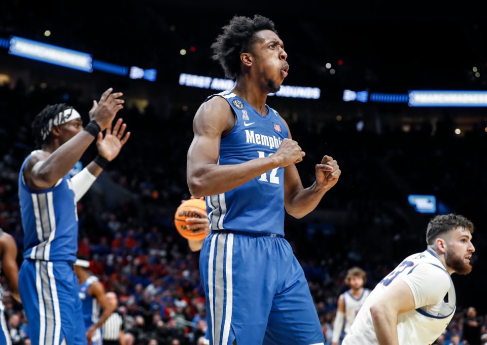 <strong>Tigers defender DeAndre Williams (middle) reacts after a foul call during action against Boise State on Thursday, March 17, 2022 at the NCAA second round in Portland, Oregon.</strong> (Mark Weber/The Daily Memphian)