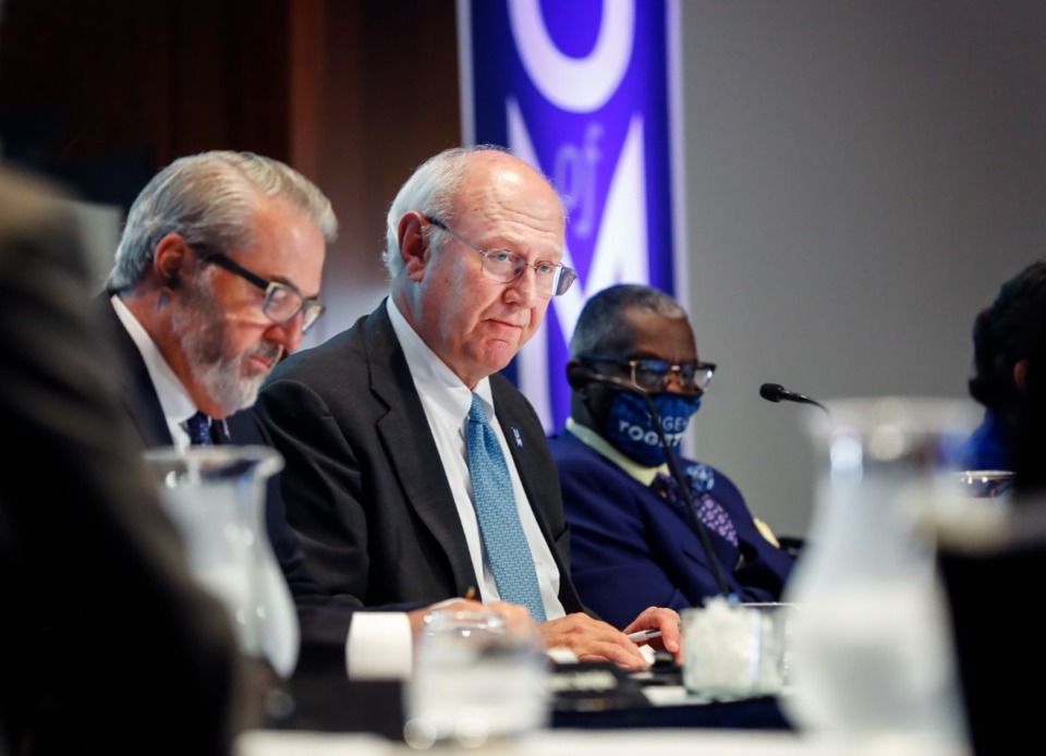 <strong>&ldquo;Over the last eight years, our tuition has risen approximately 1 1/2%,&rdquo; University of Memphis Board of Trustees member Doug Edwards (middle) said during a meeting on Wednesday, June 1, 2022.</strong> (Mark Weber/The Daily Memphian)