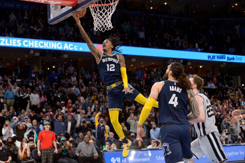 <strong>Memphis Grizzlies guard Ja Morant (12) shoots against the San Antonio Spurs in the second half of an NBA basketball game Monday, Feb. 28, 2022, in Memphis, Tennessee.</strong> (AP Photo/Brandon Dill)