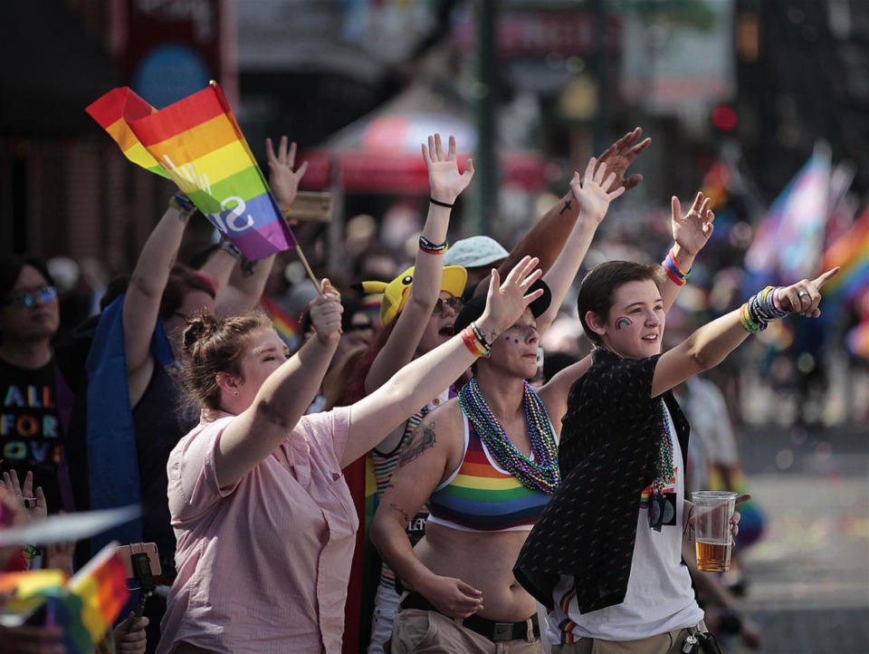 <strong>The Mid-South Pride Parade and Festival will be held on June 4 on Beale Street and in Robert R. Church Park. In this file photo, Memphians watched the Pride parade in 2019.&nbsp;</strong>(Jim Weber/Daily Memphian)