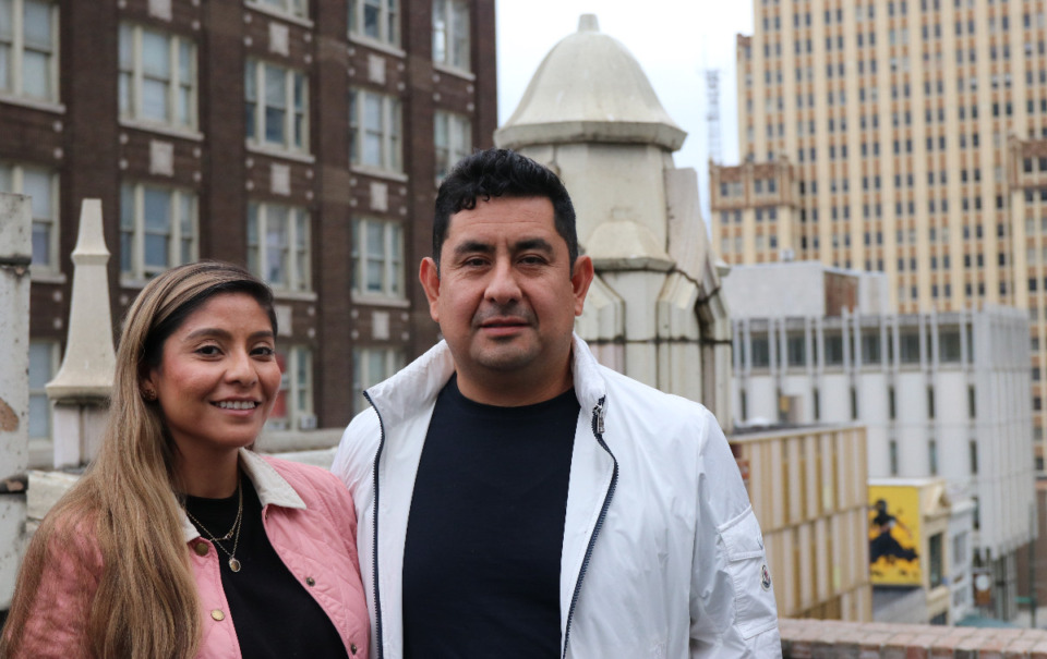<strong>Anahi and Eduardo Sanchez, on the roof of 119 Madison Ave., bought the historic building for $360,000 on May 26.</strong> (Neil Strebig/Daily Memphian)