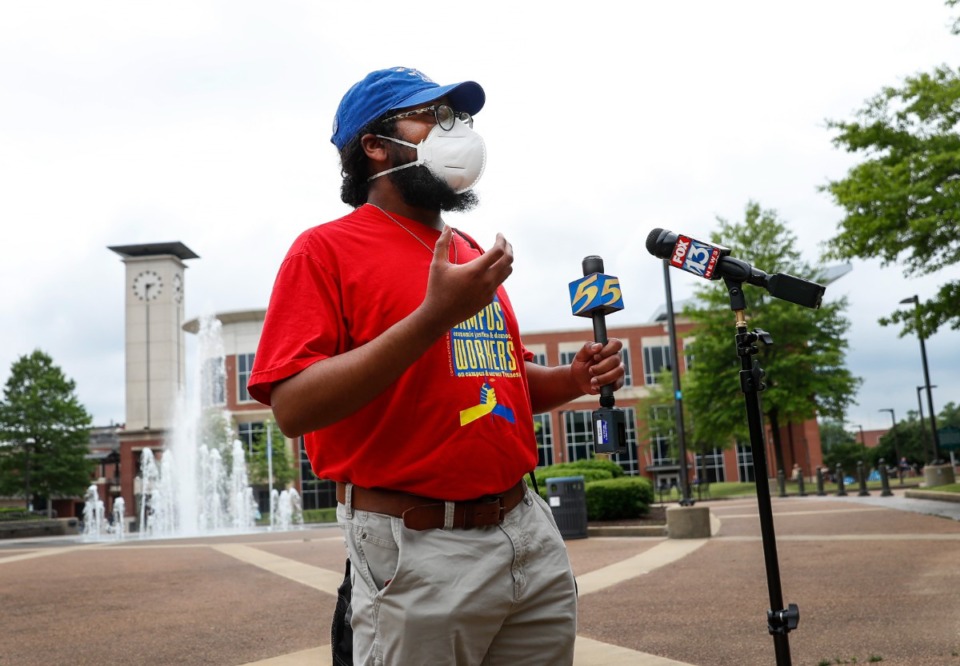 <strong>Justin Davis, a University of Memphis graduate student and the West Tennessee organizer for the United Campus Workers speaks during a press conference on Thursday, June 2, 2022. UCW has started a petition demanding immediate changes for the school&rsquo;s custodial&nbsp;staff</strong>.&nbsp;(Mark Weber/The Daily Memphian)
