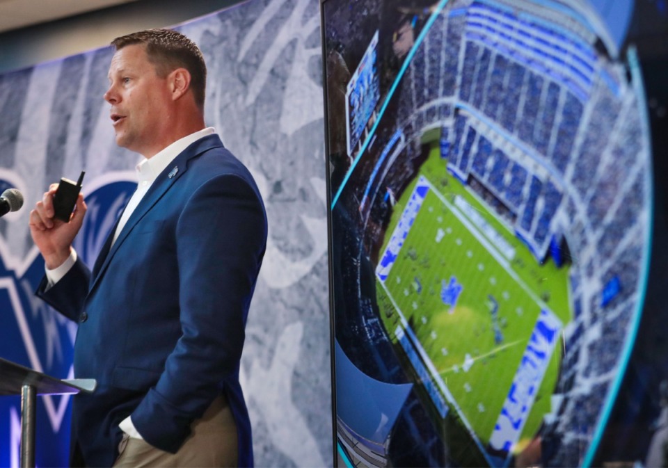 <strong>U of M athletic director Laird Veach speaks at a press conference announcing the new upgrades to the Liberty Bowl May 12, 2022.</strong> (Patrick Lantrip/Daily Memphian file)