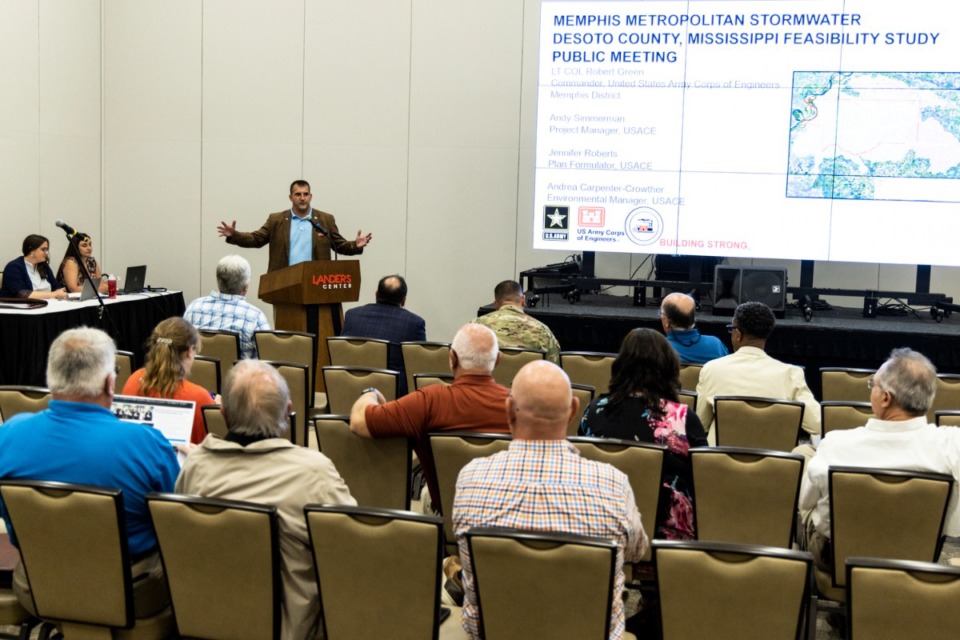 <strong>Andy Simmerman, project manager with the United States Corps of Engineers, speaks during a public meeting on the Memphis Metropolitan Stormwater DeSoto County Mississippi Feasibility Study at the Landers Center.</strong> (Brad Vest/Special to The Daily memphian)