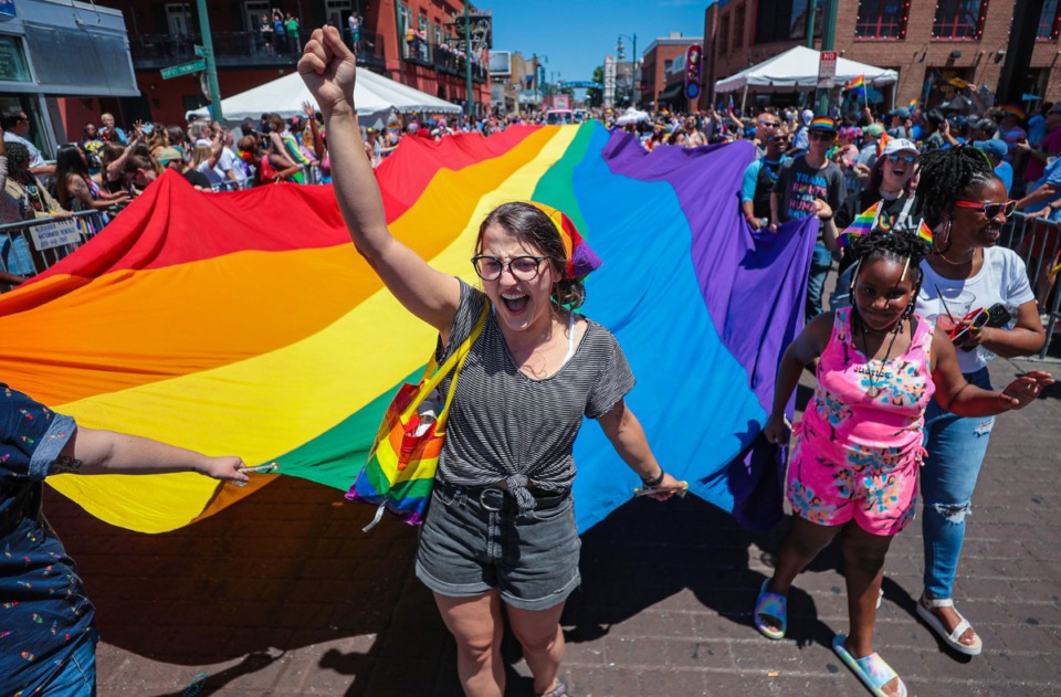 <strong>The Pride Parade on Beale Street was led by a large LGBTQ flag June 4, 2022.</strong> (Patrick Lantrip/Daily Memphian)