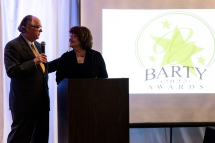 <strong>John Threadgill, president of the Bartlett Area Chamber of Commerce, talks with Memphis and Shelby County Film Commissioner Linn Sitler, who emceed the Barty Awards Banquet at the Colonial Country Club&nbsp;on Thursday, June 9.</strong> (Brad Vest/Special to The Daily Memphian)