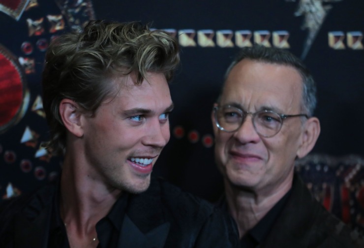 <strong>&ldquo;Elvis&rdquo; star Austin Butler visits Tom Hanks, who portrays Colonel Tom Parker, during the premiere Saturday night at the Guesthouse at Graceland.</strong> (Patrick Lantrip/Daily Memphian)