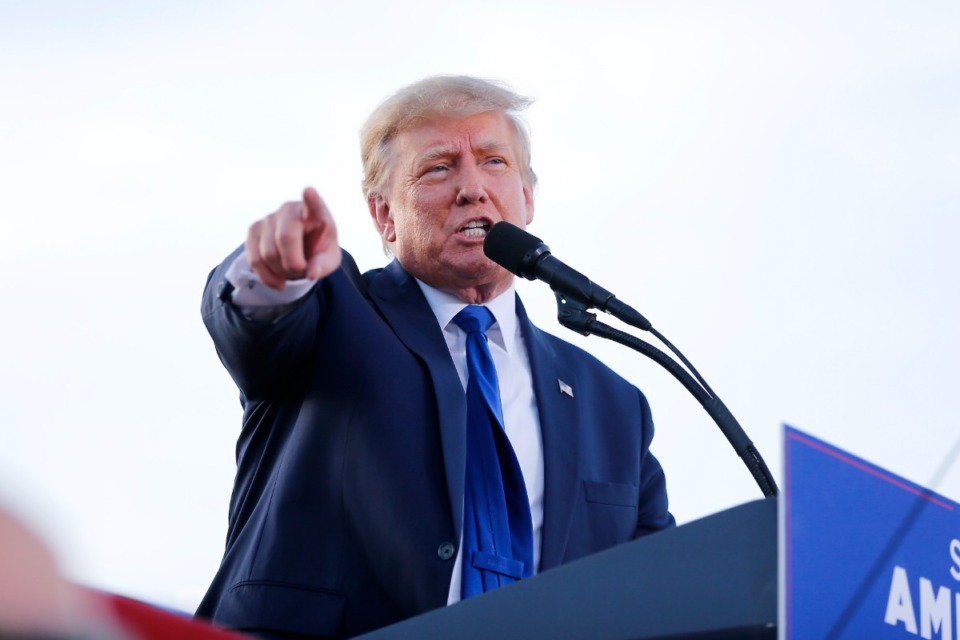 <strong>Former President Donald Trump speaks at a rally at the Delaware County Fairgrounds on April 23, 2022, in Delaware, Ohio. He is headlining a day-long conservative political conference Saturday, June 18, at Landers Center in Southaven.</strong> (Joe Maiorana/AP file)
