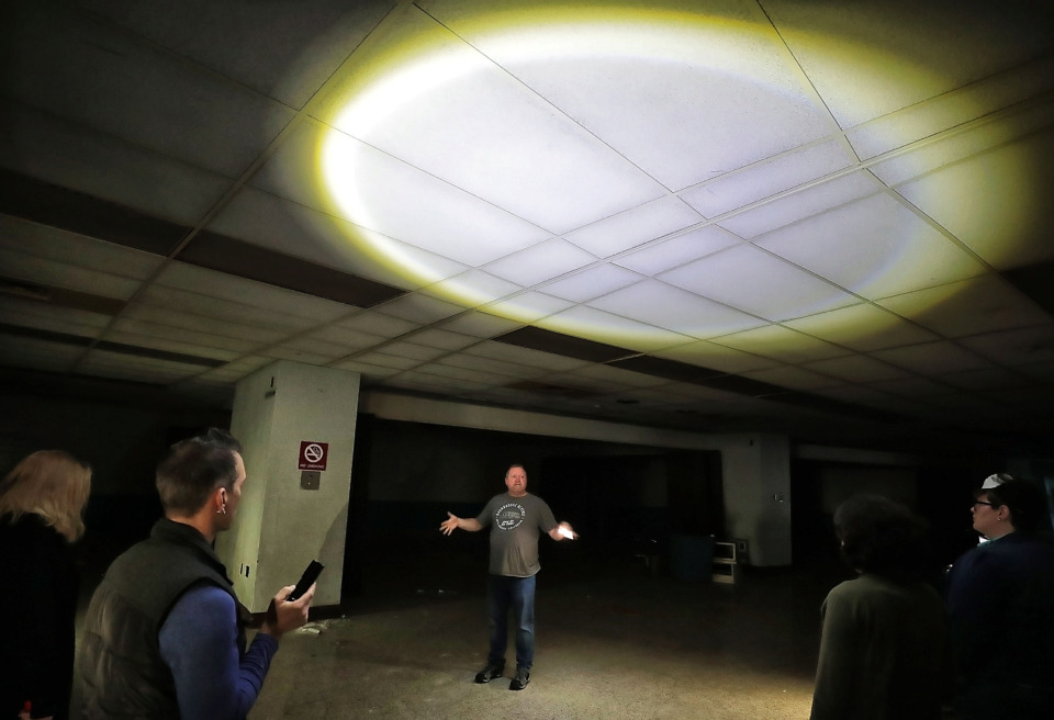 <strong>Preservation architect Chooch Pickard with ArchInc conducts a tour of the Mid-South Coliseum on March 22, 2019, conducted by the Coliseum Coalition to educate members of the public on the site&rsquo;s history, present condition and the possibilities of development in the future.</strong> (Jim Weber/Daily Memphian)