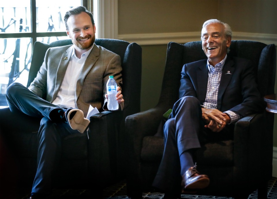 <strong>Joe Tomek (left), the new executive director of the FedEx St. Jude Championship, and Richard Shadyac, president and CEO of ALSAC, chat during a preview event on Thursday, June 16, at TPC Southwind.</strong> <strong>Since the tournament&rsquo;s partnership with St. Jude began in 1970, Memphis&rsquo; tour stop has raised $60 million for the hospital.</strong> (Mark Weber/The Daily Memphian)