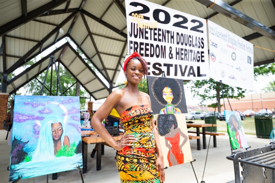 <strong>Antoneisha Gordon wears festive colors at Douglass Park during the Juneteenth celebration on Friday, June 17, 2022.</strong> (Ziggy Mack/Special to The Daily Memphian)