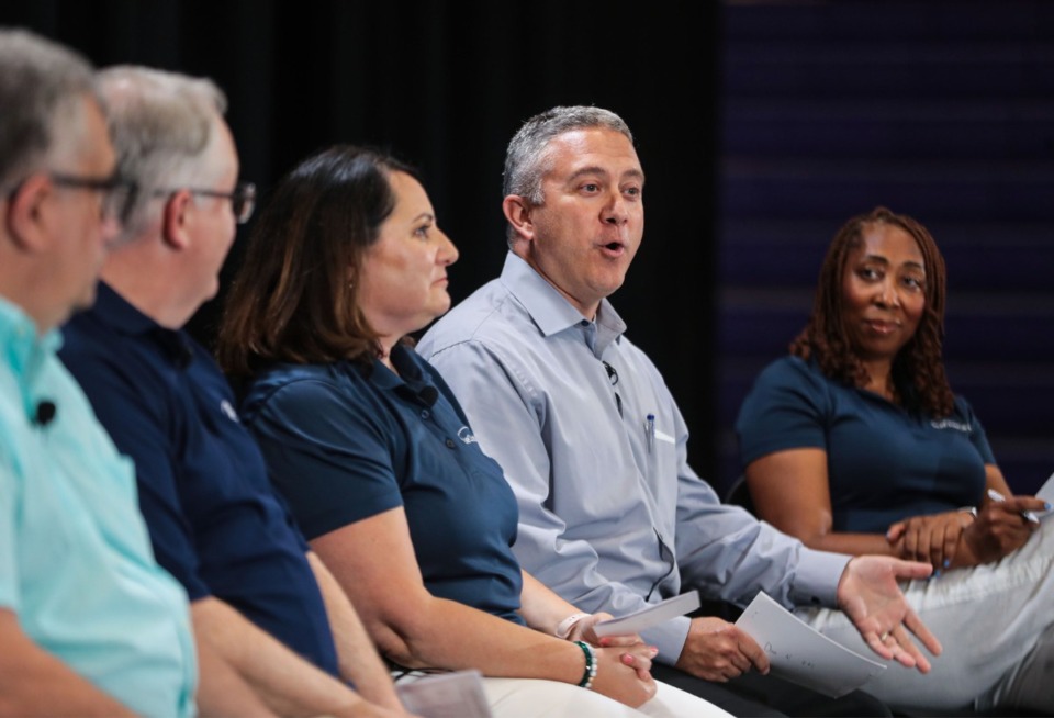 <strong>Dave Nowicki and other Ford Motor Co. team members speak at a discussion on where they are in the BlueOval construction process at Haywood High School on June 21, 2022.</strong> (Patrick Lantrip/Daily Memphian)