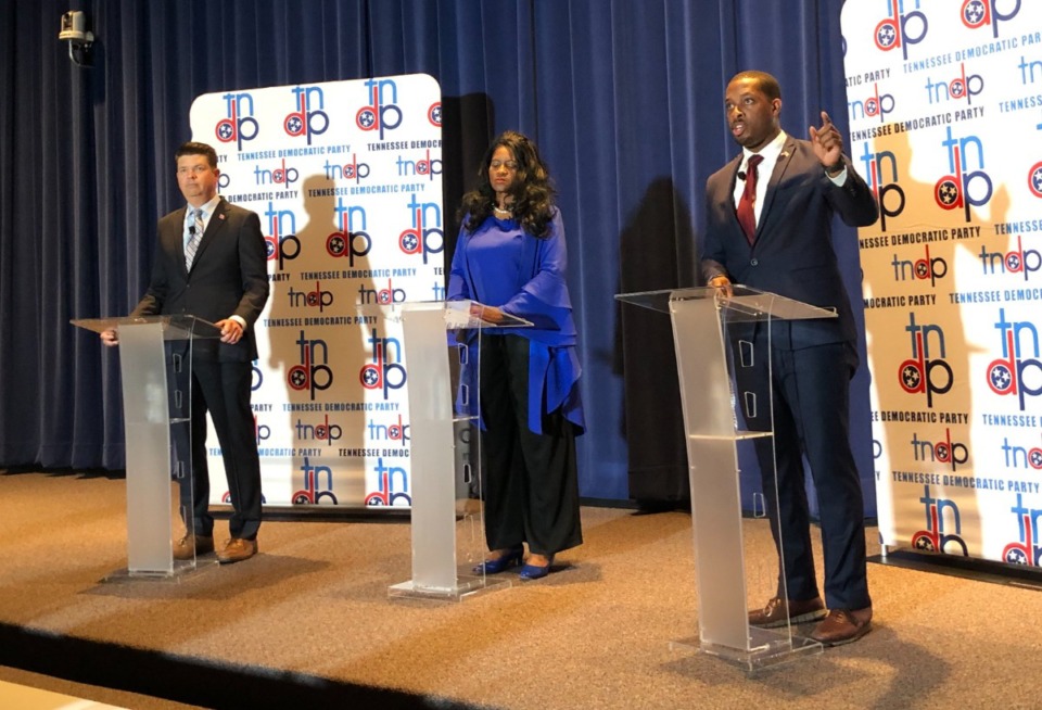 <strong>Democratic gubernatorial hopefuls debating Tuesday included Nashville-based critical care physician Jason Martin (from left), Memphis activist Carnita Atwater and Memphis City Council member JB Smiley Jr.</strong> (Ian Round/The Daily Memphian)
