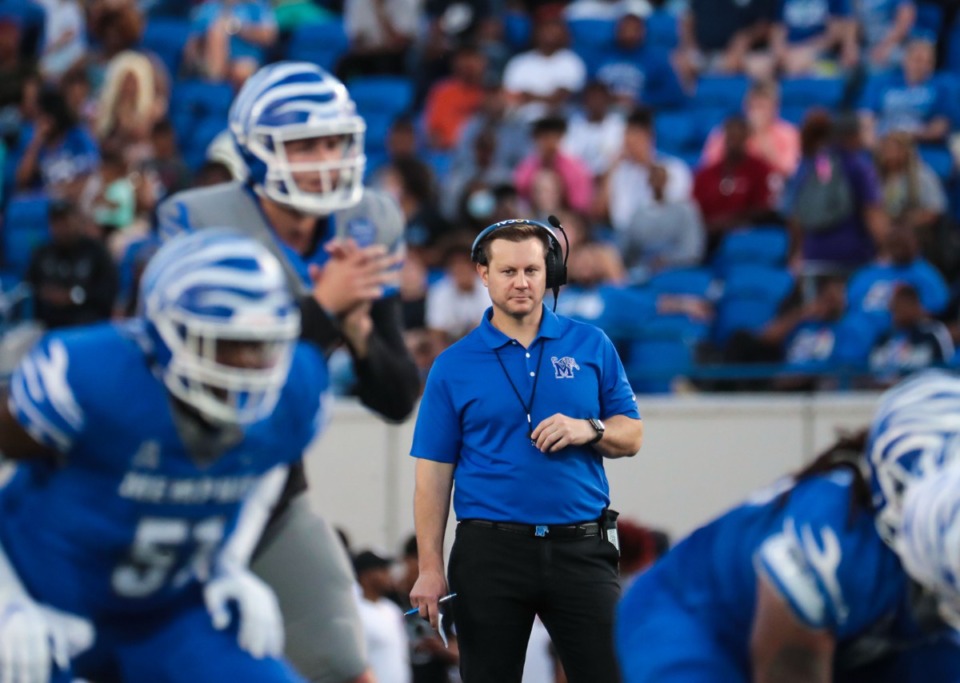 <strong>University of Memphis head coach Ryan Silverfield watches the offence during the Tiger's spring game April 22, 2022.</strong> (Patrick Lantrip/Daily Memphian)