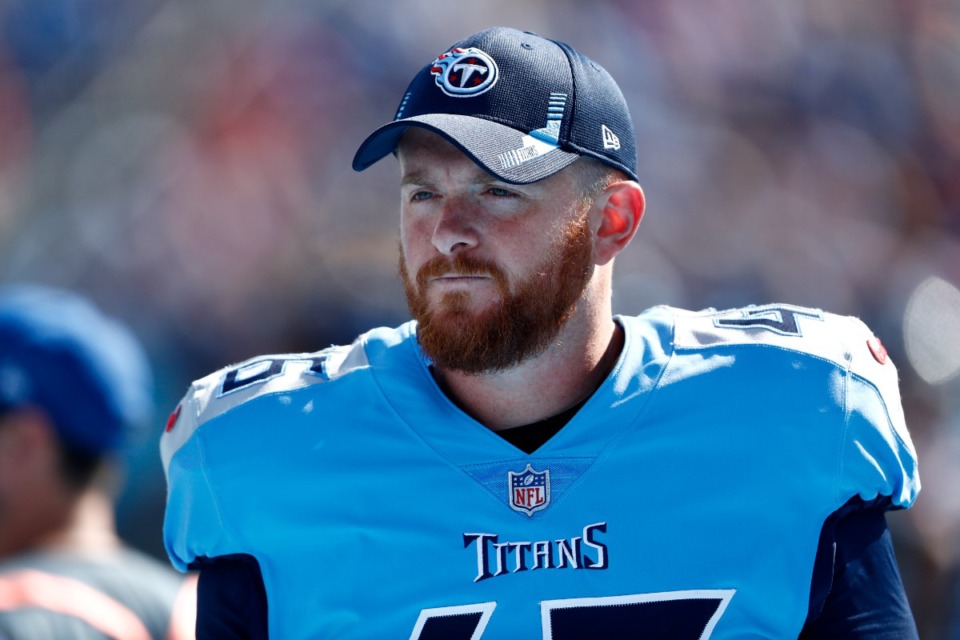 <strong>Tennessee Titans long snapper Morgan Cox (46) watches from the sideline in the first half of an NFL football game against the Kansas City Chiefs Sunday, Oct. 24, 2021, in Nashville, Tenn.</strong> (AP Photo/Wade Payne)