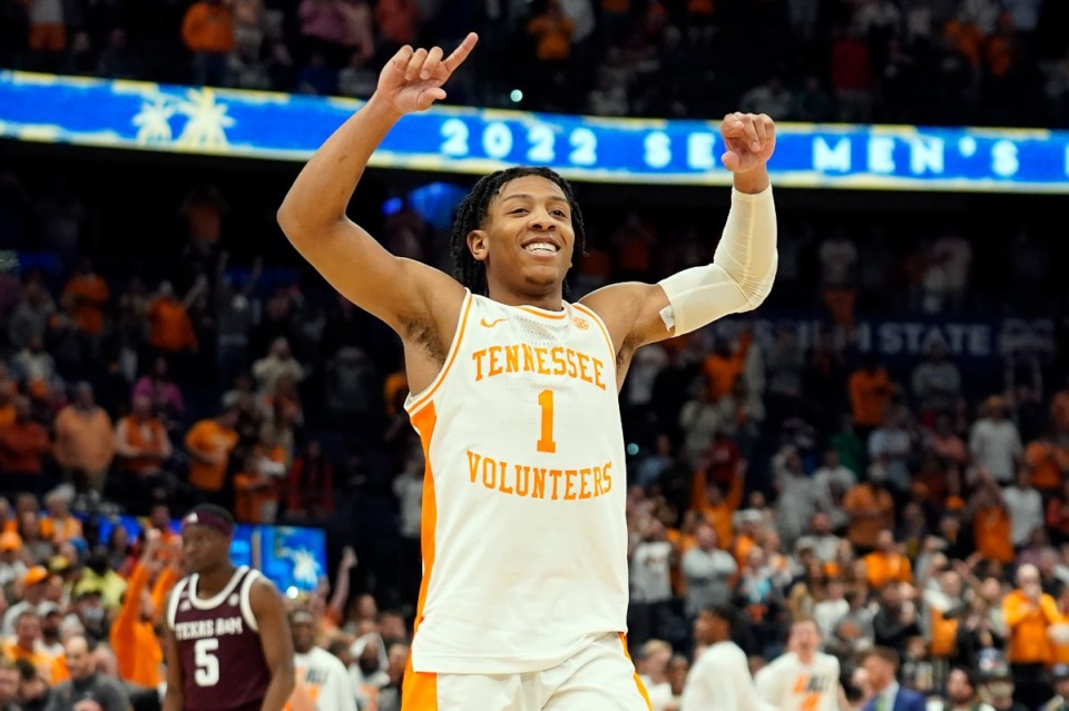 <strong>Tennessee point guard Kennedy Chandler celebrates during the final seconds of the NCAA Southeastern Conference tournament championship game March 13 in Tampa, Fla. Chandler was acquired by the Memphis Grizzlies in the NBA draft on Thursday, June 23.</strong> (Chris O'Meara/Associated Press file)