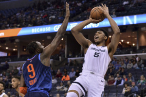 <span><strong>Memphis Grizzlies forward Bruno Caboclo (5) shoots against Oklahoma City Thunder forward Jerami Grant (9) during the first half of an NBA basketball game Monday, March 25, 2019, in Memphis, Tenn.</strong> (AP Photo/Brandon Dill)</span>