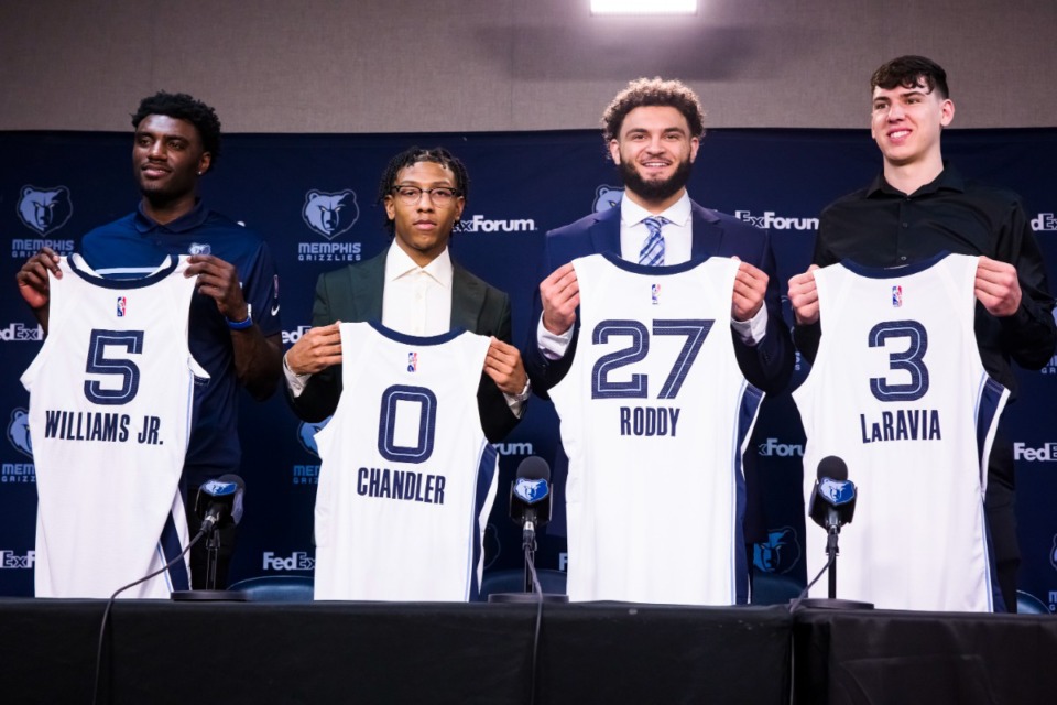 <strong>New Memphis Grizzlies draft picks (left to right,) Vince Williams, Kennedy Chandler, David Roddy, and Jake LaRavia are introduced to the media during a press conference at FedEx Forum on Friday, June 24, 2022.</strong> (Ziggy Mack/Special to The Daily Memphian)