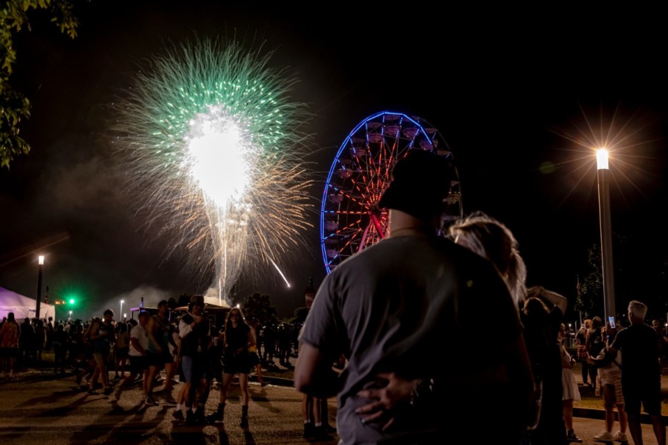 <strong>Festivalgoers view the end of festival fireworks at Beale Street Music Festival on Sunday May 1, 2022, at Liberty Park. Liberty Park will host a festival and display more fireworks next week.&nbsp;</strong>(Ziggy Mack/Special to The Daily Memphian file)