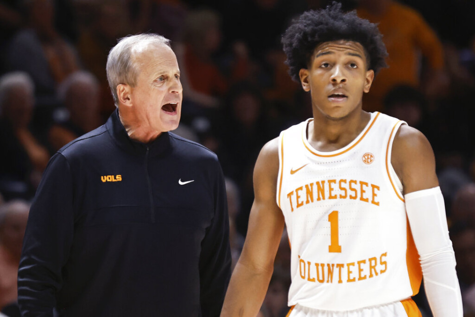 <strong>Tennessee head coach Rick Barnes yells at guard Kennedy Chandler (1) during an NCAA college basketball game against Tennessee Tech Friday, Nov. 26, 2021, in Knoxville, Tennessee.</strong> (Wade Payne/AP file)