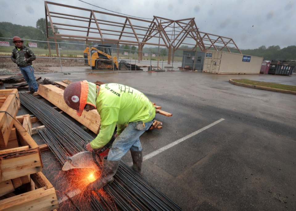 <strong>A worker cuts rebar during construction of the Keith McDonald Pavilion at Freeman Park in 2020. The improvements at the park have contributed to the need for a new traffic signal.</strong> (Jim Weber/Daily Memphian file)
