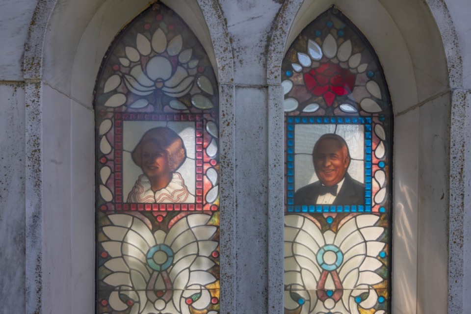<strong>The Elmwood graves of the former owners of Laukoff Stained Glass feature portraits of Martin &lsquo;Mickey&rsquo; Laukhuff Nolen and Ralph Lewis Laukhuff.</strong> (Ziggy Mack/Special to The Daily Memphian)
