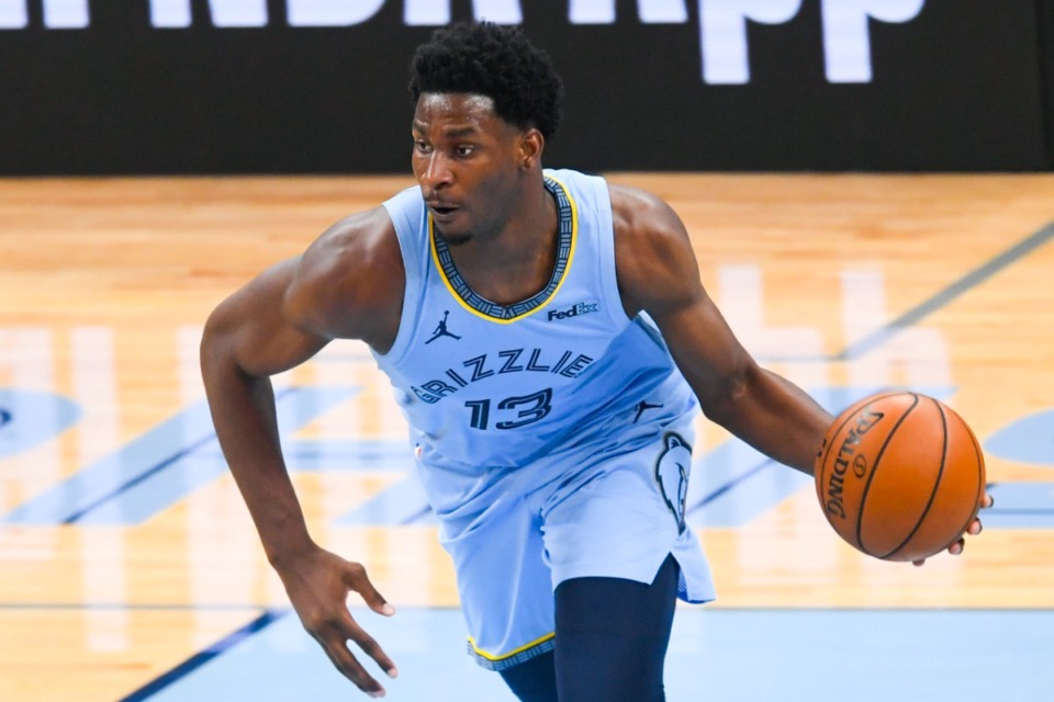 <strong>Memphis Grizzlies forward Jaren Jackson Jr. brings the ball up the floor during the second half of Game 3 of an NBA basketball first-round playoff series against the Utah Jazz, Saturday, May 29, 2021, in Memphis, Tenn.</strong> (AP Photo/John Amis)