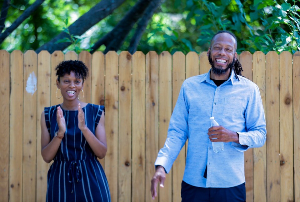<strong>Austin Avery III and his wife, Reesie, speak at the ribbon cutting ceremony for a new sustainability hub in Orange Mound July 1, 2022.</strong> (Patrick Lantrip/Daily Memphian)