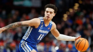 <strong>Memphis guard Lester Quinones (11) during a first round NCAA college basketball tournament game against Boise State, Thursday, March 17, 2022, in Portland, Oregon.</strong> (AP Photo/Craig Mitchelldyer)