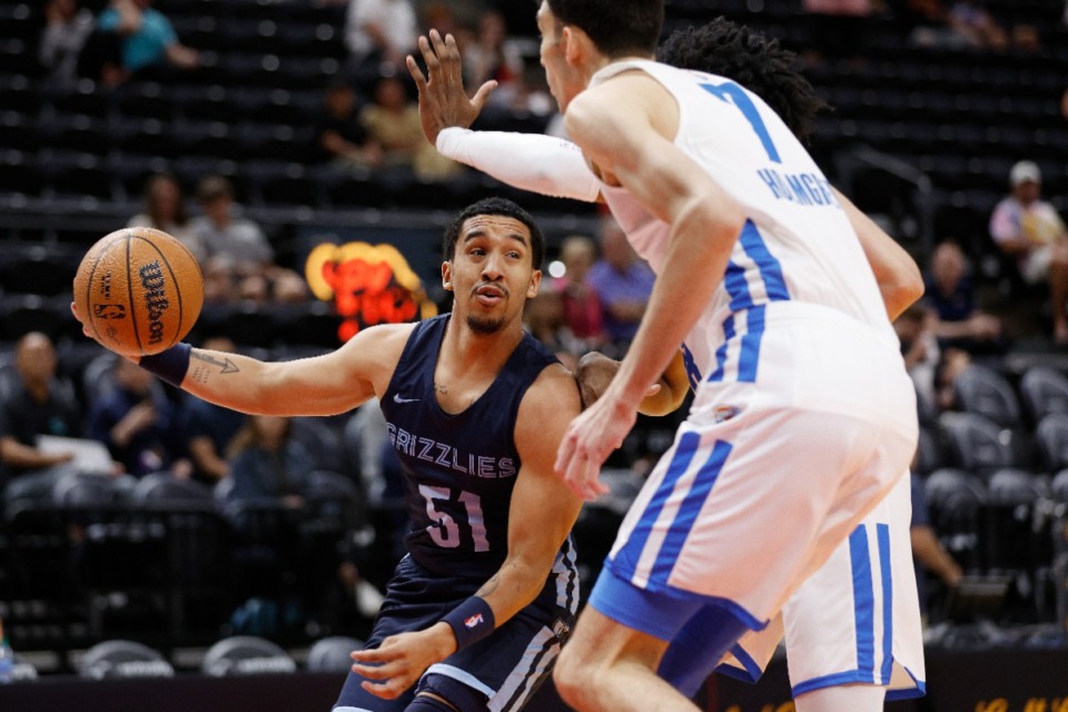 <strong>Memphis Grizzlies guard Tremont Waters (51) charges Oklahoma City Thunder forward Chet Holmgren (7) on July 6 in Salt Lake City.</strong> (Jeff Swinger/AP)