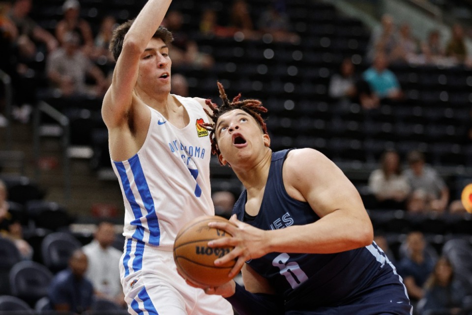 <strong>Memphis Grizzlies forward Kenny Lofton Jr. (6) looks to shoot against Oklahoma City Thunder forward Chet Holmgren (7) during the first half of an NBA summer league basketball game Wednesday, July 6, 2022, in Salt Lake City.</strong> (AP Photo/Jeff Swinger)