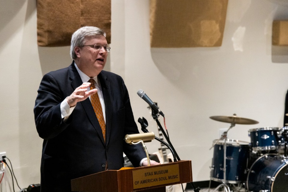 <strong>Memphis Mayor Jim Strickland speaks during an event hosted by the Greater Memphis Chamber and the Japan-America Society of Tennessee for the Nashville-based Consul-General of Japan Yoichi Matsumoto at the Stax Museum of American Soul Music to promote more economic cooperation between Japan and Memphis.</strong> (Brad Vest/Special to Daily Memphian)