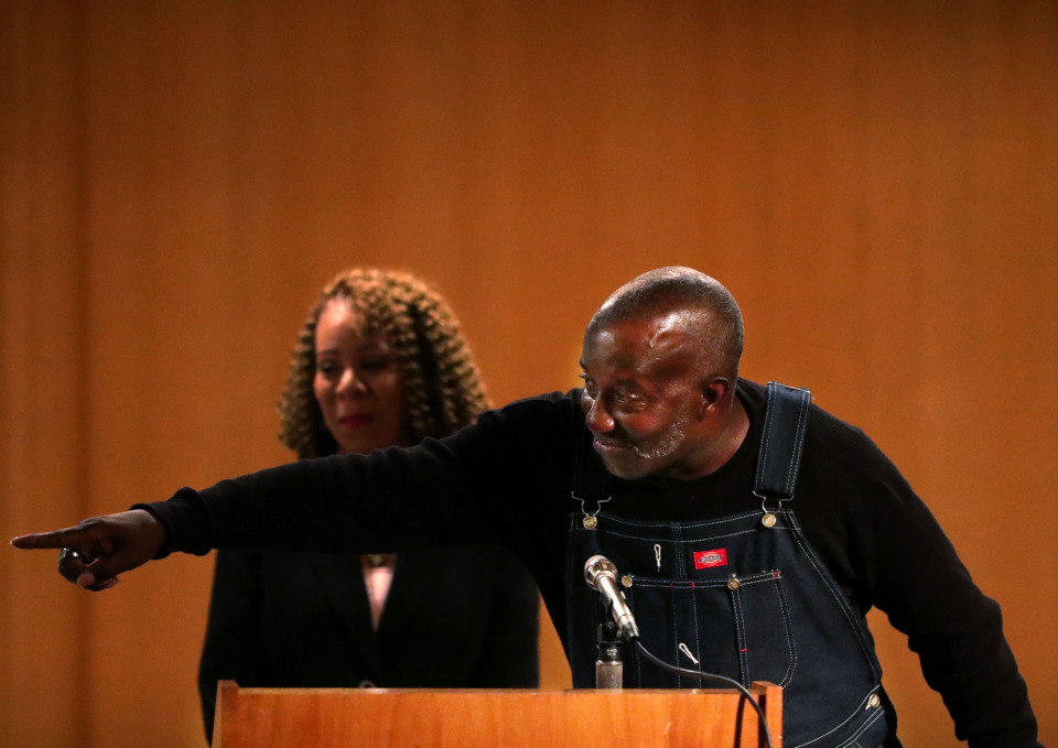 <strong>Don Tate (right) points out Judge Tim Dwyer as one of the main reasons he was able to graduate from the Shelby County Drug Court program Wednesday, March 27, 2019. The event was the 250th graduation for the largest treatment court in the state of Tennessee.</strong> (Houston Cofield/Daily Memphian)