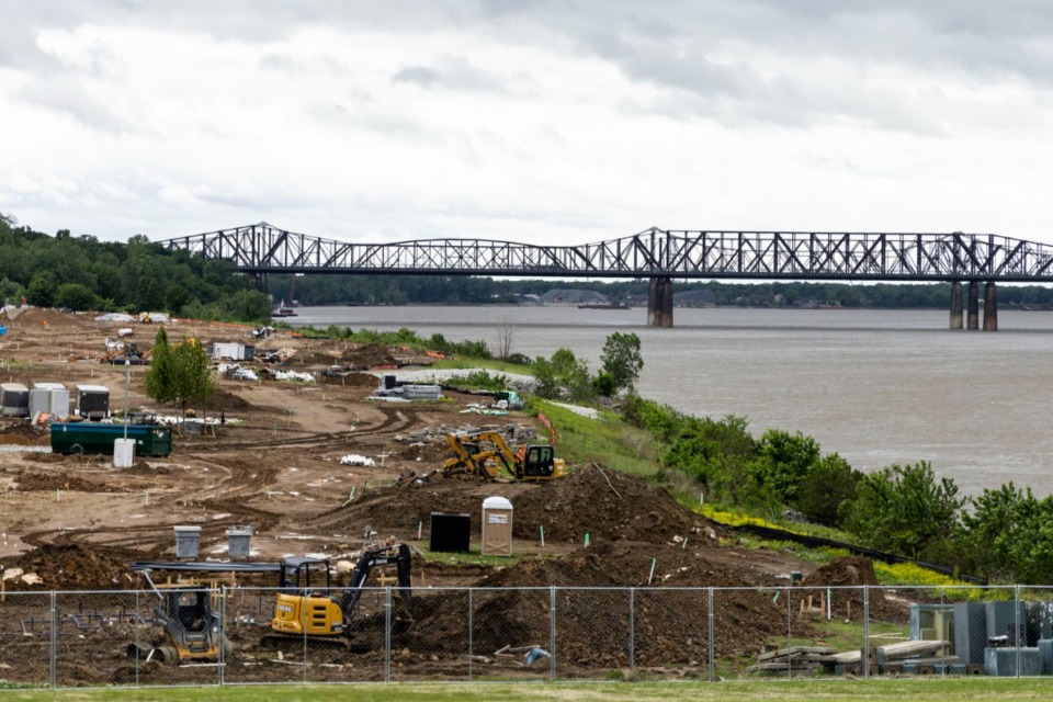 <strong>Work continued on the Tom Lee Park renovation on May 6, 2022.&nbsp;The $61 million redesign will be completed in the summer of 2023.</strong> (Brad Vest/The Daily Memphian file)