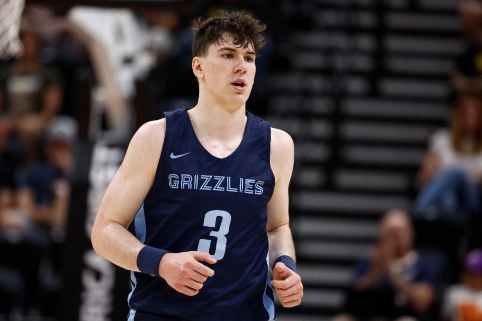 <strong>Memphis Grizzlies rookie Jake LaRavia (3) was playing in just his third summer league game after two efficient games in Salt Lake City earlier in the week.</strong> (AP Photo/Jeff Swinger)
