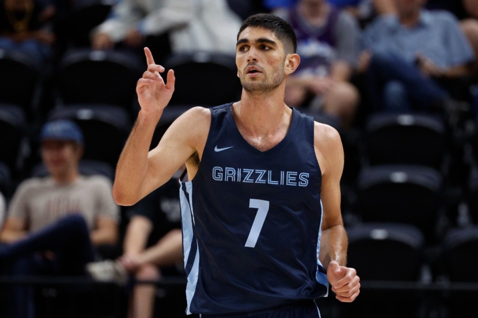 <strong>Memphis Grizzlies forward Santi Aldama (7) reacts against the Philadelphia 76ers during an NBA summer league basketball game Tuesday, July 5, 2022, in Salt Lake City. He had a strong game Sunday night against the Timberwolves.</strong> (AP Photo/Jeff Swinger)