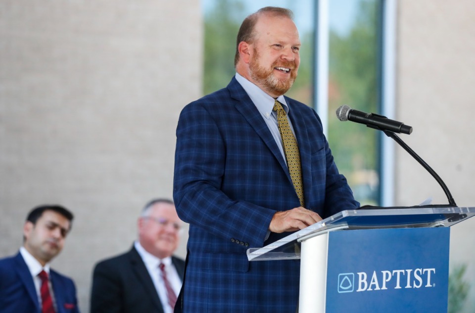 <strong>Zach Chandler, Baptist Memorial Health Care, Executive Vice President/Chief Strategy Officer, speaks during the grand opening event for the DeSoto campus&rsquo; new medical office building on Monday, July 11, 2022.</strong> (Mark Weber/The Daily Memphian)