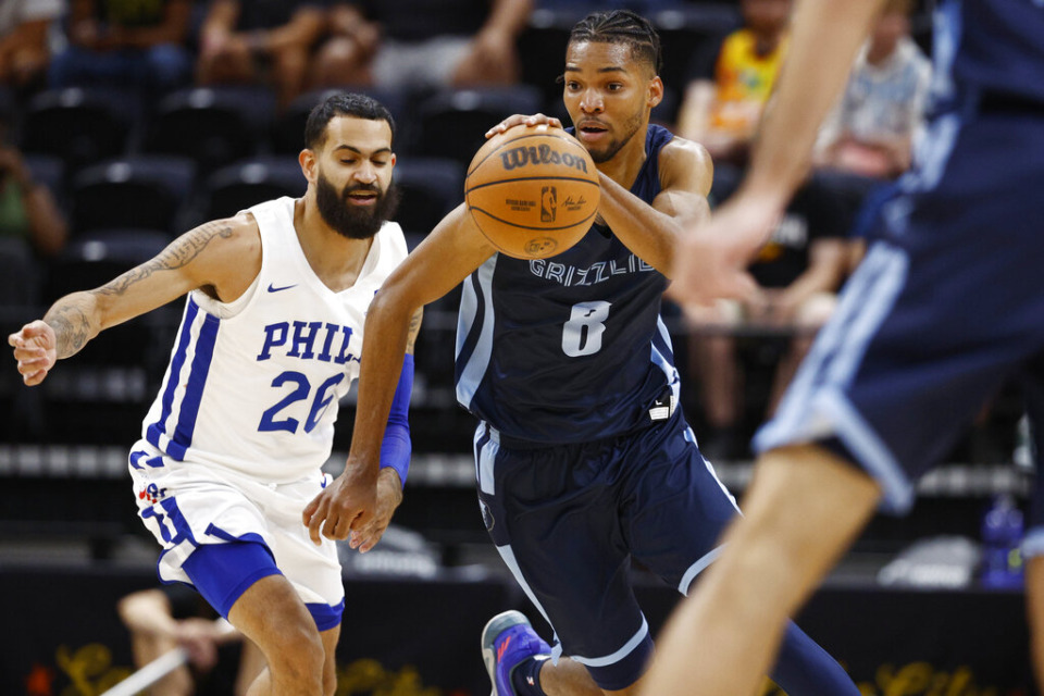 <strong>Memphis Grizzlies guard Ziaire Williams (8) runs the court past Philadelphia 76ers guard Grant Riller (26) during the first half of an NBA summer league basketball game Tuesday, July 5, 2022, in Salt Lake City.</strong> (AP Photo/Jeff Swinger)