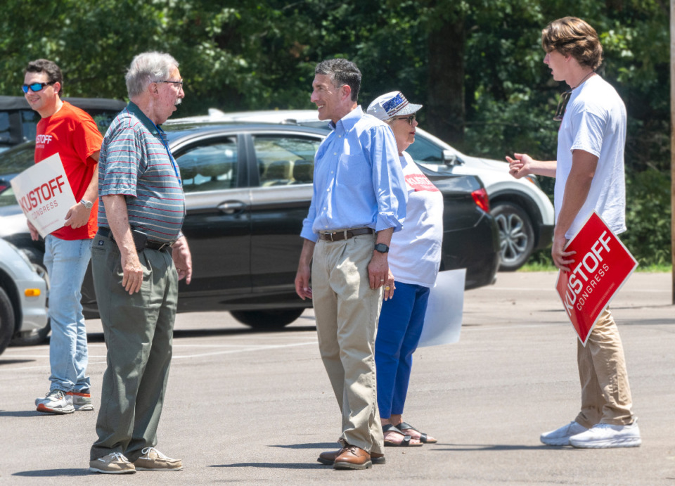 <strong>Congressman David Kustoff campaigns outside of New Bethel Missionary Baptist Church in Germantown on the first weekend of early voting, Saturday, July 16, 2022. </strong>(Greg Campbell/Special to Daily Memphian)