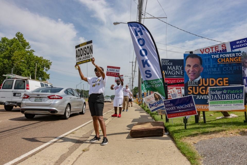 <strong>Volunteers (left to right, Tish Towns, Taurean Haines and Chris Landau) rally voters on the first weekend of early voting, Saturday July 16, 2022 at Riverside Missionary Baptist Church.</strong> (Ziggy Mack/Special to The Daily Memphian)