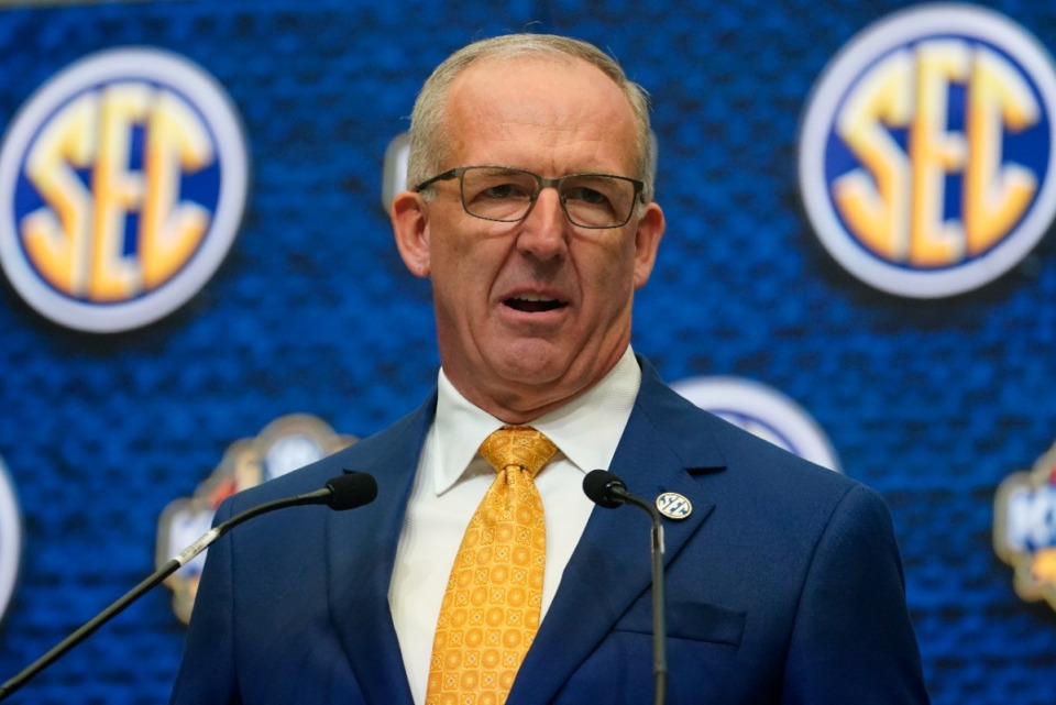 <strong>Southeastern Conference commissioner Greg Sankey speaks during SEC Media Days on July 18, 2022, in Atlanta. The SEC has aways been one of the &ldquo;haves&rdquo; conferences, and it just got bigger.</strong> (John Bazemore/AP file)