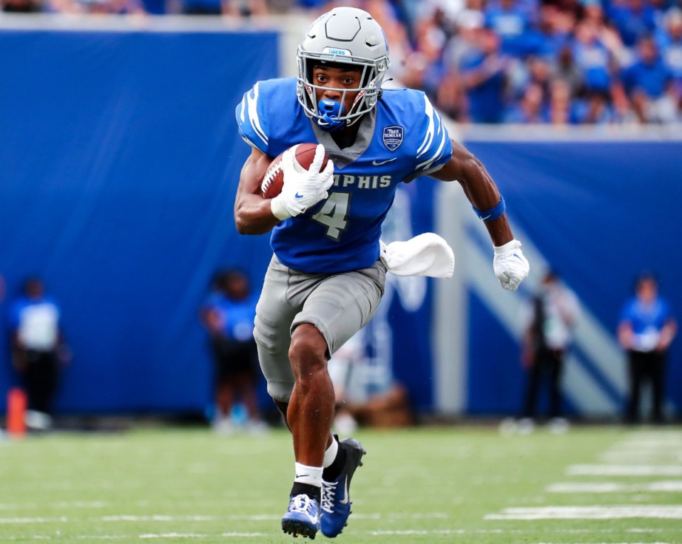 <strong>Calvin Austin III (4) runs after a catch during a Sept. 18 game at Liberty Bowl Memorial Stadium against Mississippi State University.</strong> (Patrick Lantrip/Daily Memphian file)